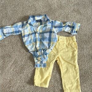 The Children's Place Blue and Yellow Plaid Button Down Shirt with Yellow Pants.
